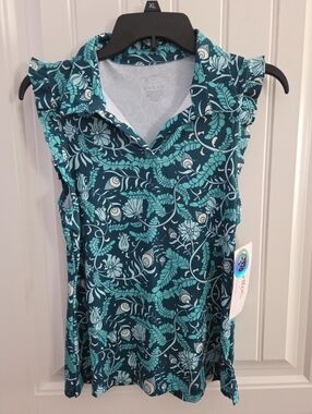NWT X by GOTTEX  Womens S Sleeveless Golf Tennis V Neck Top Peacock Garden Teal